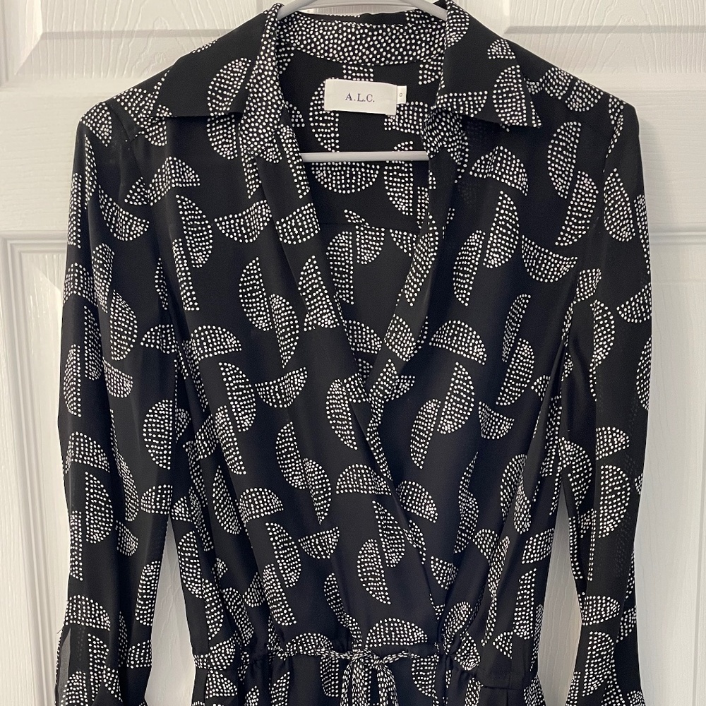 ALC 100% Silk Dress with white lemon wedge polka dot pattern